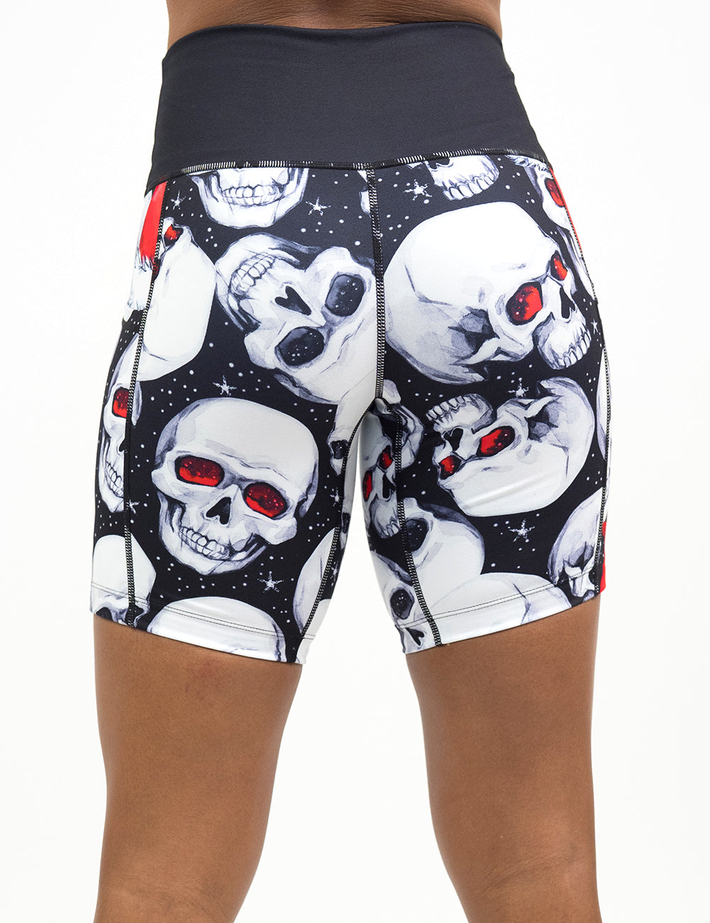 back of the 7 inch santa hat and skull pattern shorts against a white background