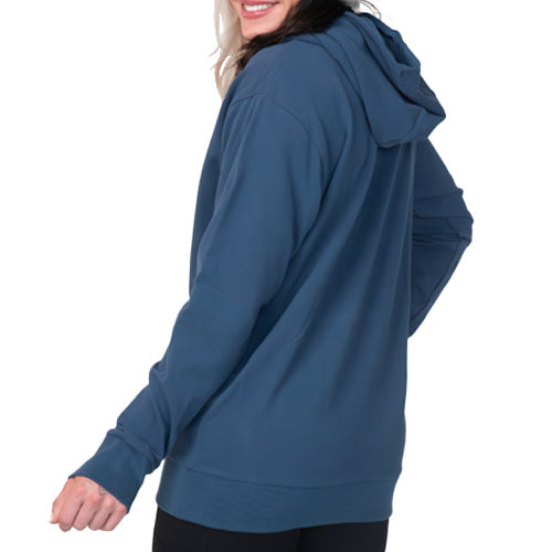 back of the navy cvg logo embossed hoodie