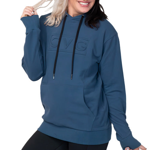 front of the navy cvg logo embossed hoodie