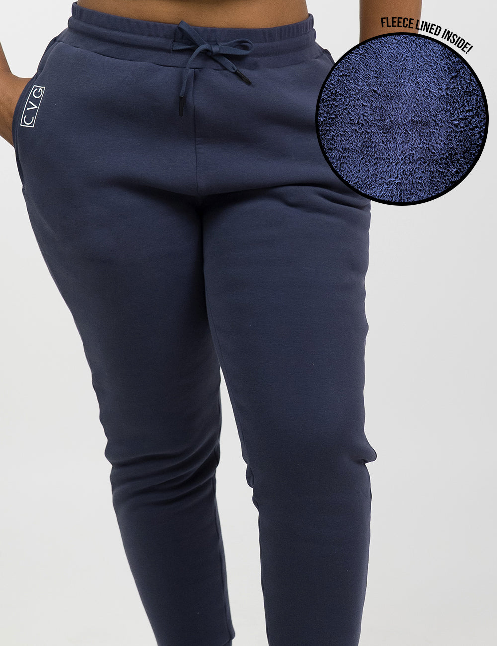 navy fleece lined sweatpants showcasing fleece lined interior