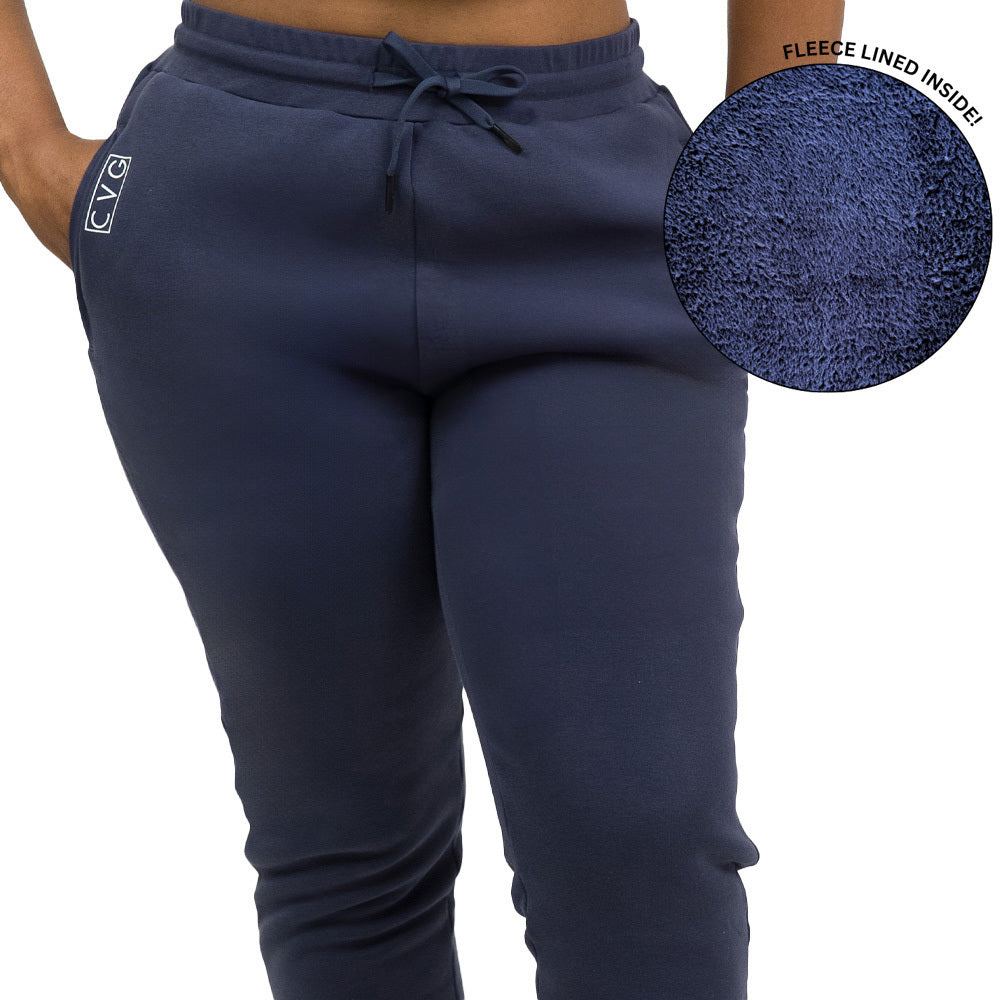 navy fleece lined sweatpants showcasing fleece lined interior