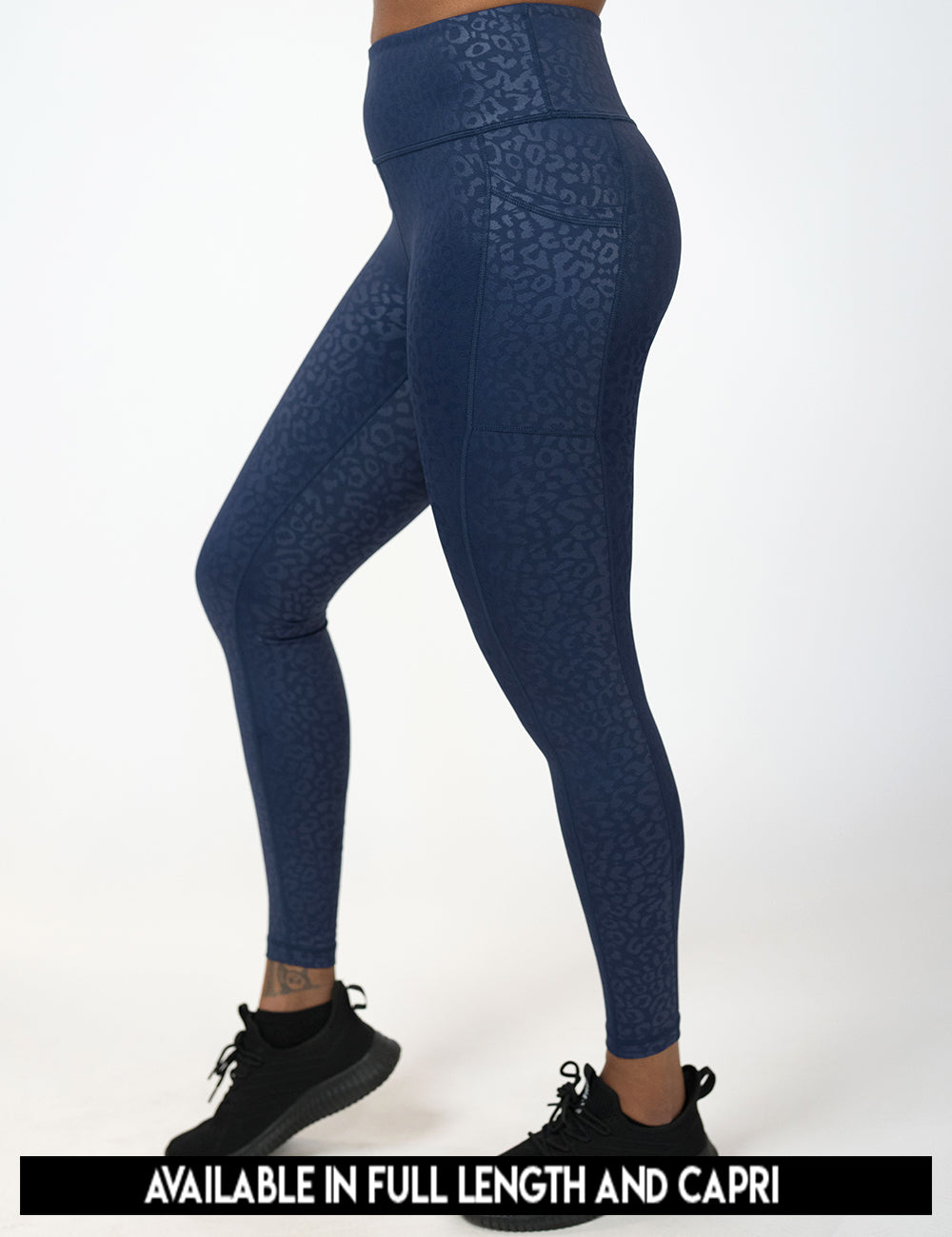 available lengths for the dark blue leopard print leggings, lengths include full length and capri