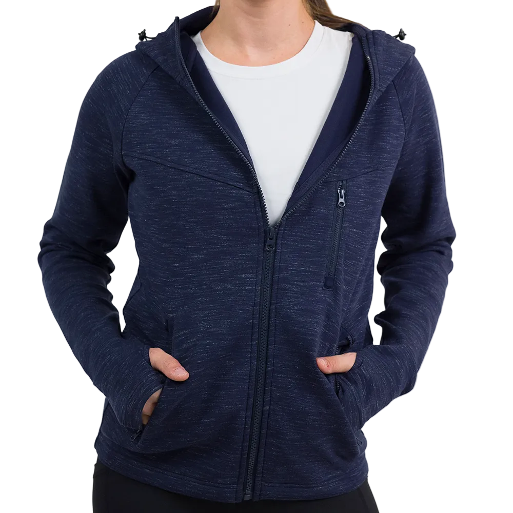 front of the navy blue rest day zip up sweatshirt against a white background