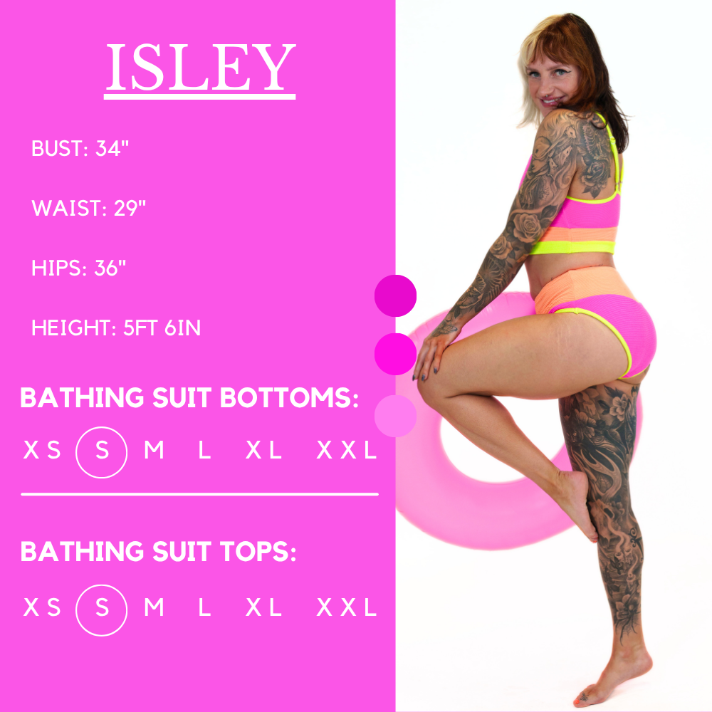 Model’s measurements of 34” bust, 29” waist, 36” hips and height of 5 ft 6 inches. She is wearing a size small in our bathing suit