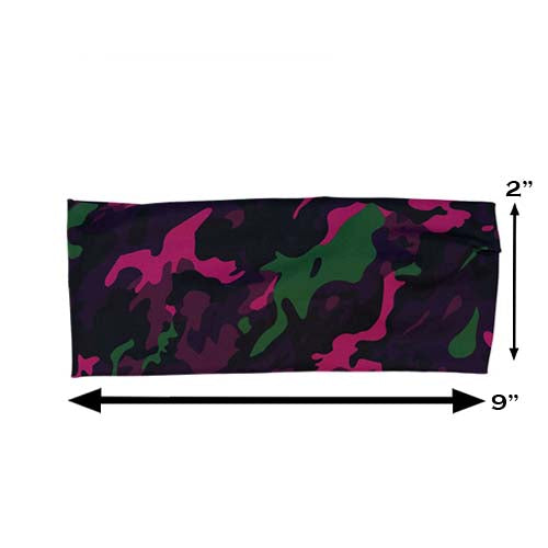 neon camo print headband measured at 2 by 9 incheas
