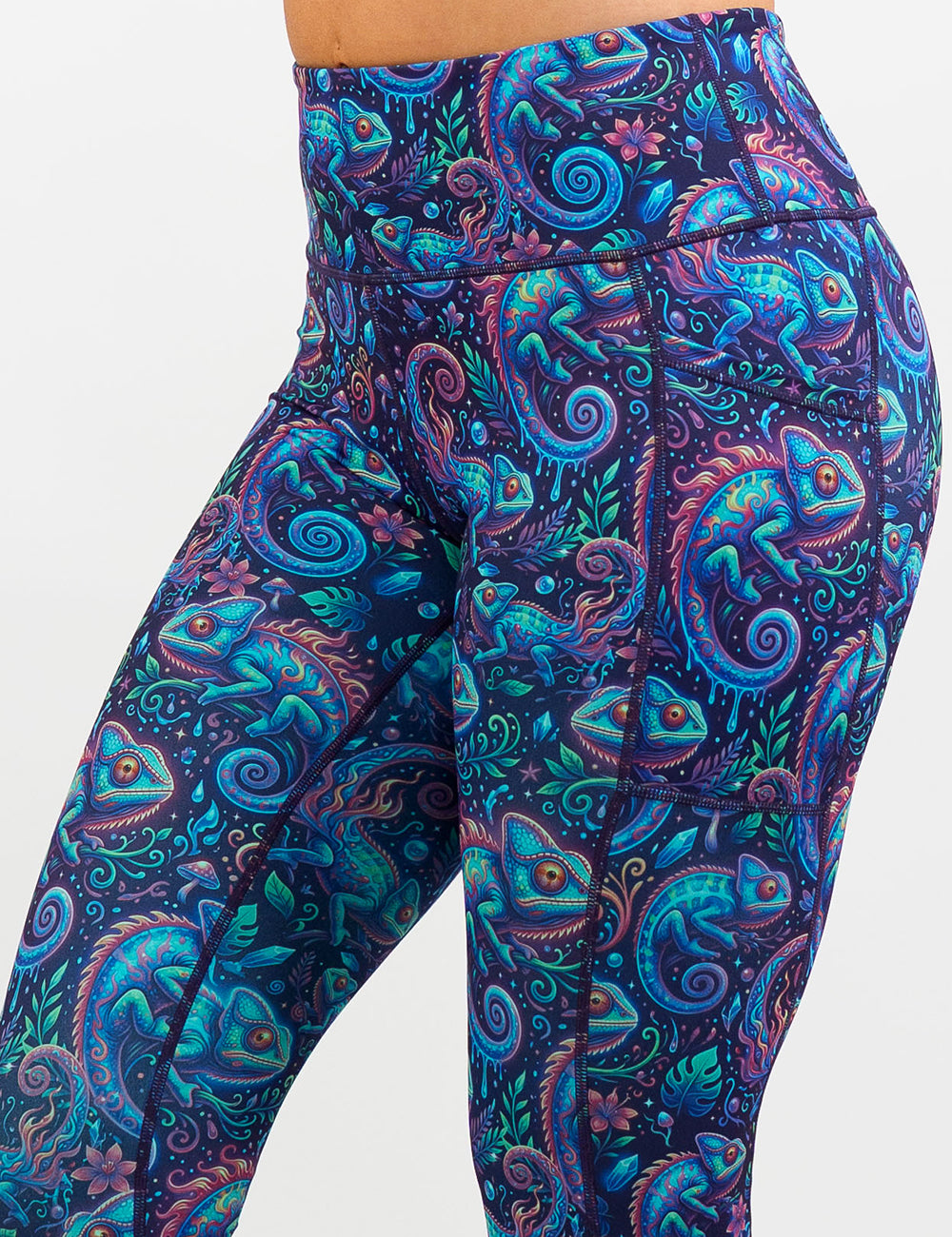 front of the orange, blue, and red chameleons surrounded by plants leggings against a white background