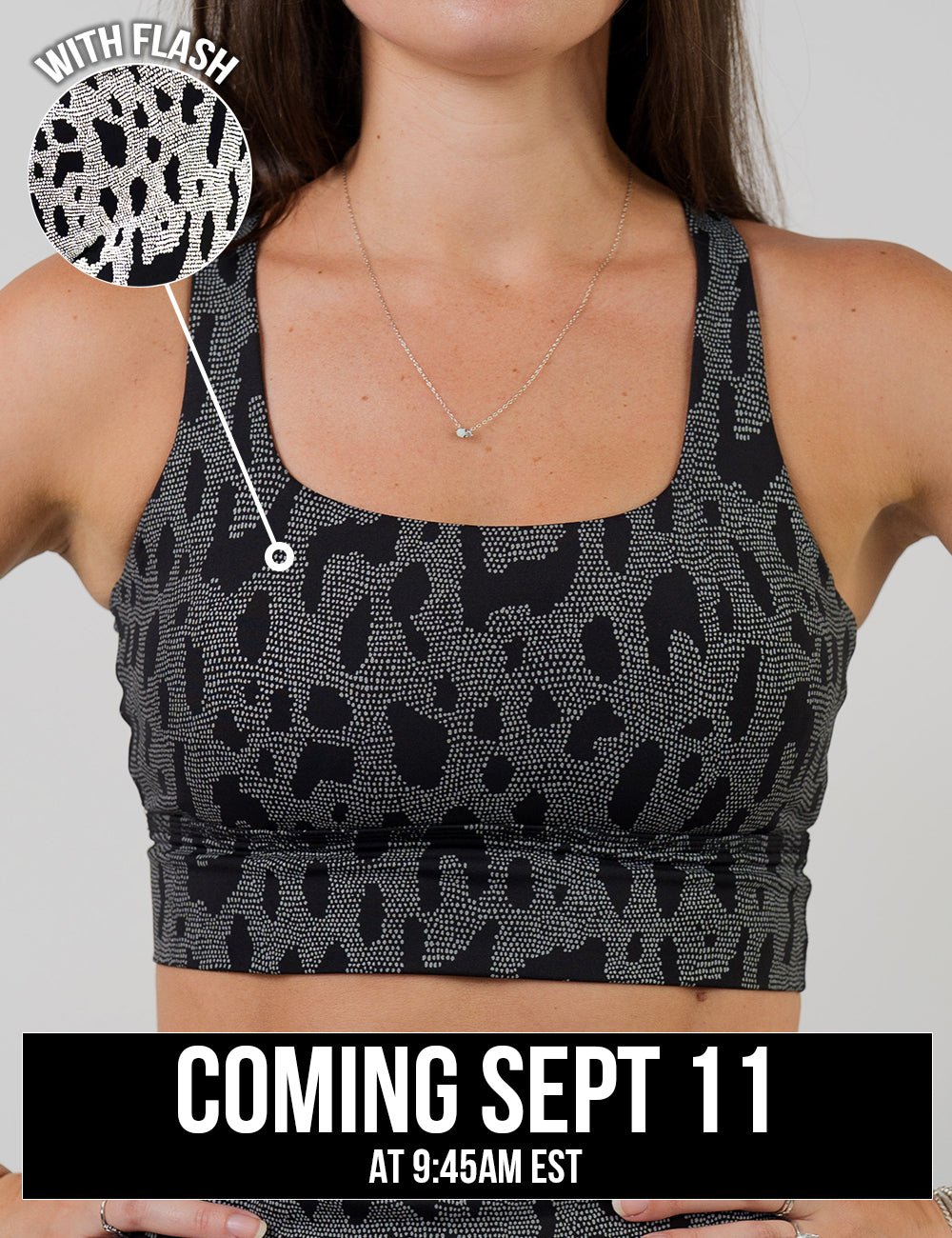 front of the dark spots surrounded by a reflective background bra coming September 11th with a close up of the reflective detail