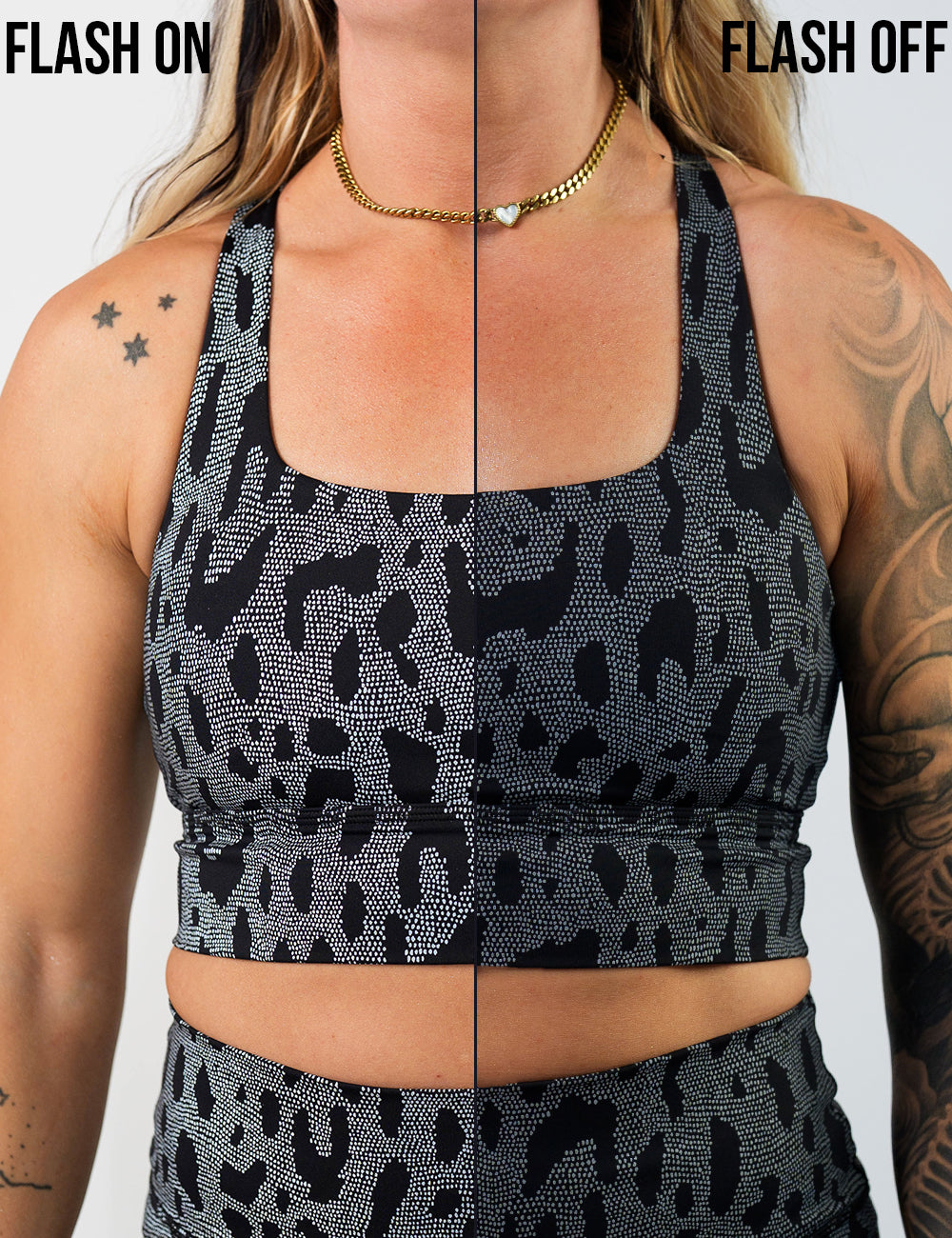 graphic for the dark spots surrounded by a reflective background bra showing how it reacts to bright lights
