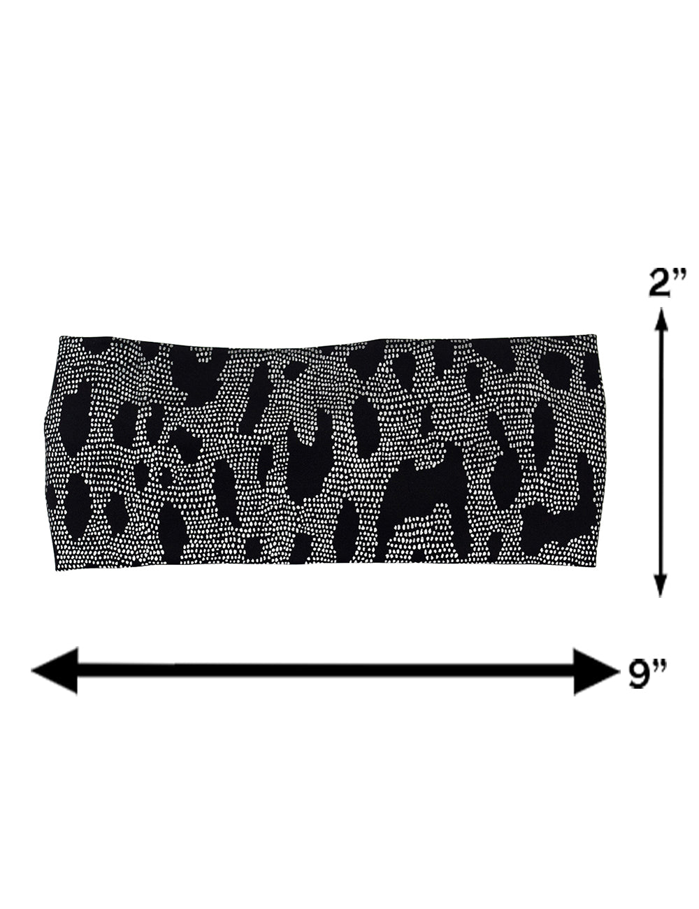 measurements for the dark spots surrounded by a reflective background headband, measurements are 2 inches by 9 inches