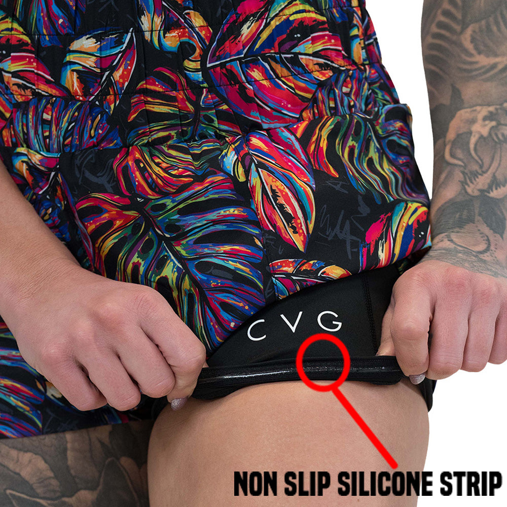 non slip strip on the colorful palm tree leaf print shorts