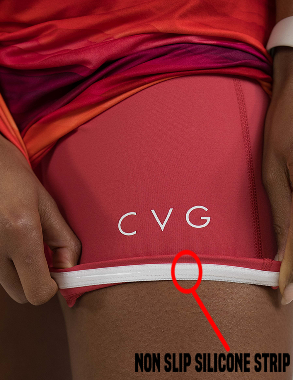 sunrise dress rolled up to show the shorts underneath that have a non slip silicone lining