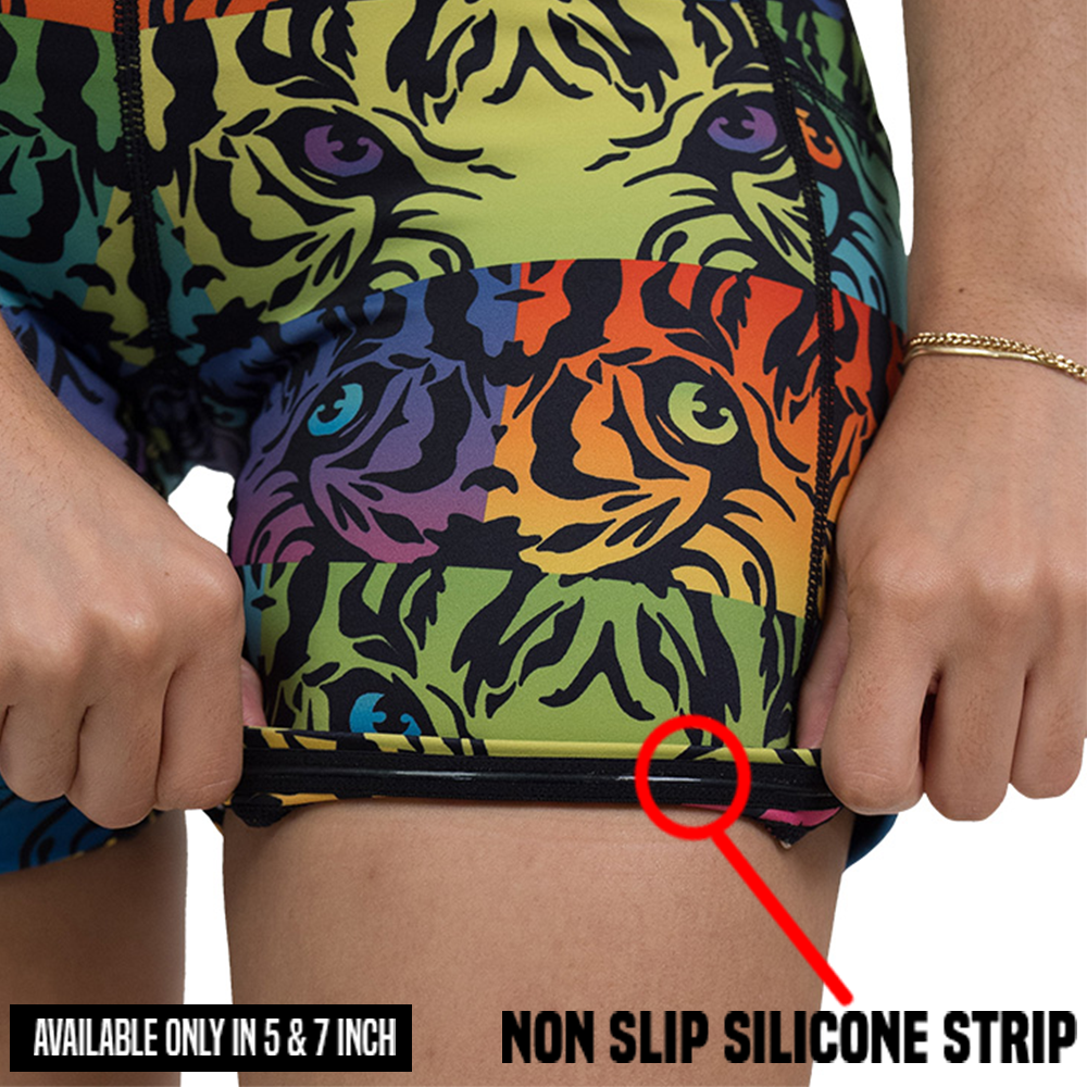 close up of non slip silicone strip inside the 5 and 7 inch rainbow tiger print shorts