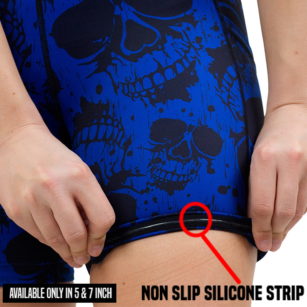 dark skulls against a blue background pattern shorts rolled up to show the non slip silicone strip inside, only found in the 5 and 7 inch inseam sizes