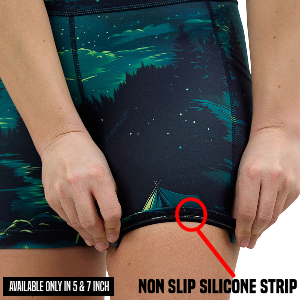 night time camp out shorts rolled up to show the non slip silicone strip found only in the 5 and 7 inch inseam lengths