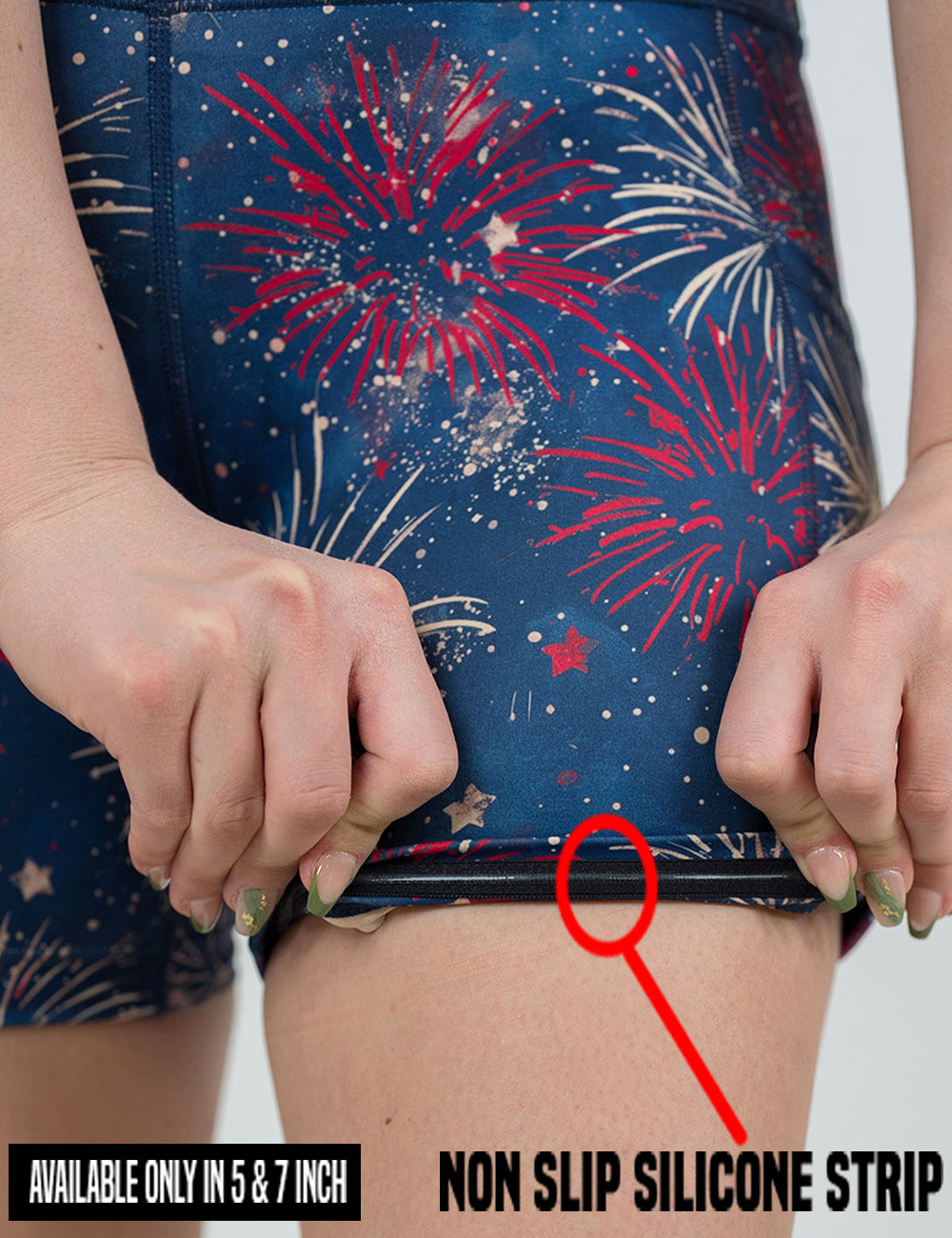 close up of the patriotic fireworks shorts being rolled up to show the none slip silicone strip found in only the 5 and 7 inch inseam lengths