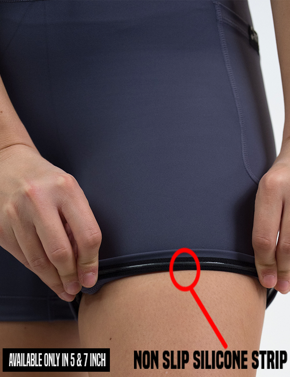 close up of the light purple omni shorts rolled up to show the nonslip silicone strip lining found only in the 5 and 7 inch inseam lengths