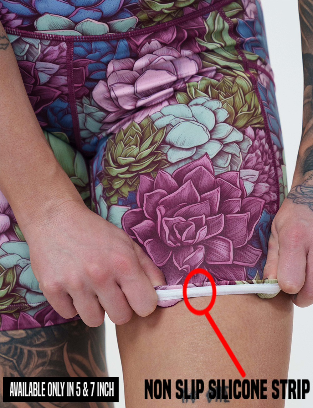 close up of the succulents and flowers shorts rolled up to show the non slip silicone strip found in only the 5 and 7 inch inseam lengths