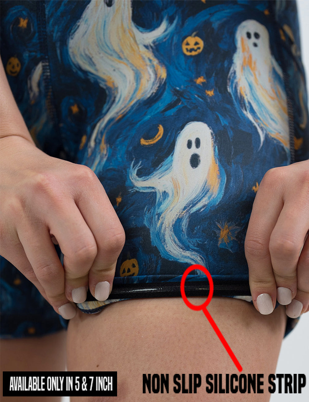 close up of the starry night ghosts against a blue background pattern shorts showing the non slip silicone strip found in the 5 and 7 inch shorts