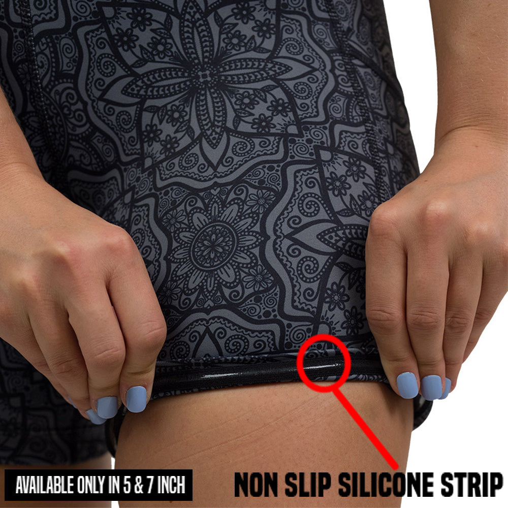 zentangle shorts rolled up to show non slip silicone strip inside
