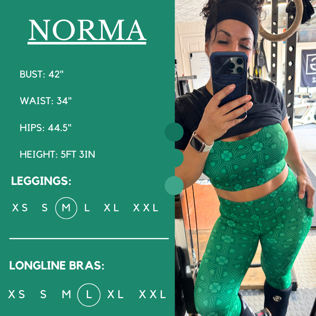 Model’s measurements of 42” bust, 34” waist, 44.5” hips and height of 5 ft 3 inches. She is wearing a size medium in our leggings and a size large in our longline bras