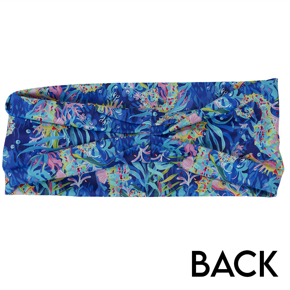 back of the colorful seahorse patterned headband