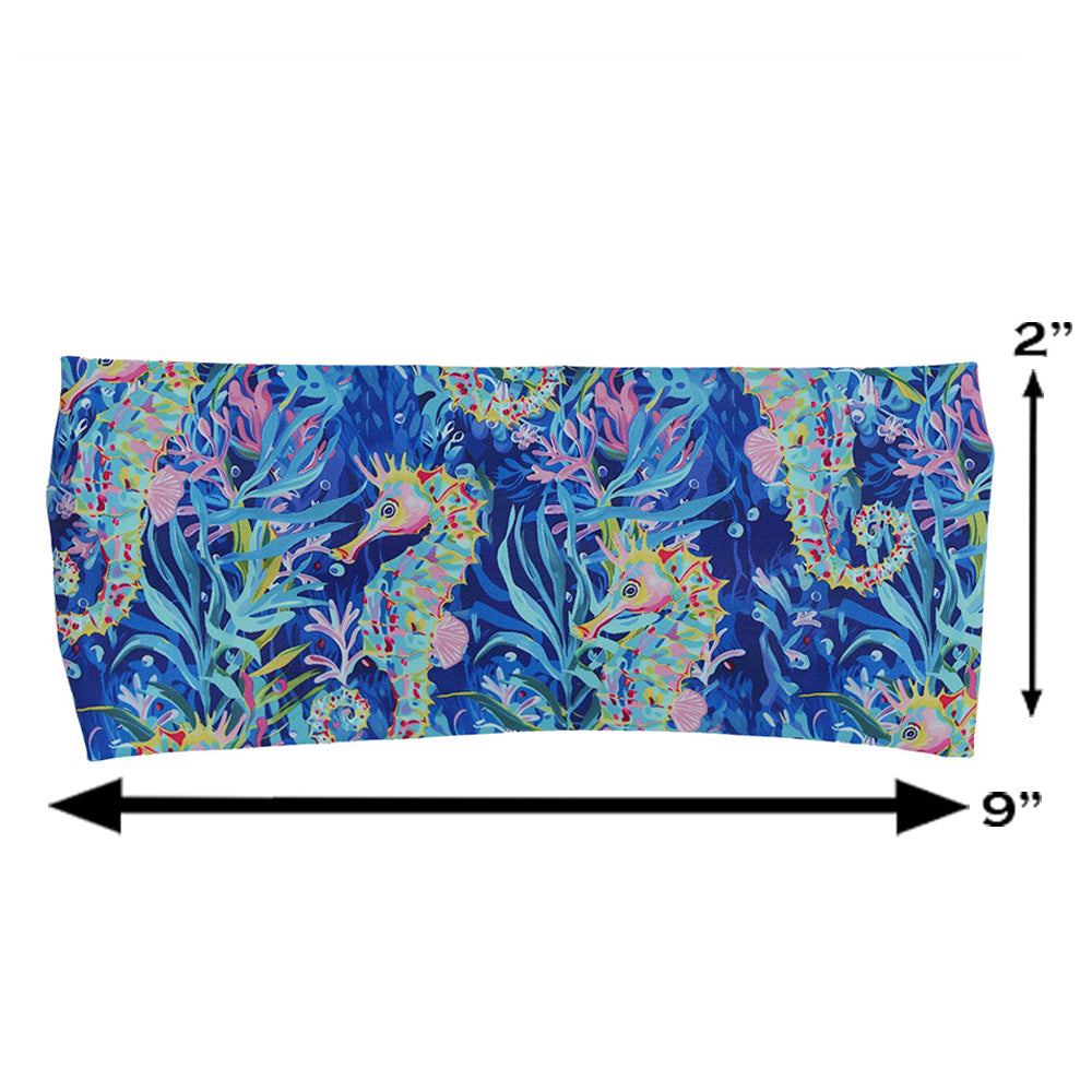 colorful seahorse patterned headband measured at 2 by 9 inches