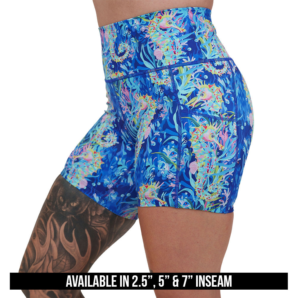 colorful seahorse patterned shorts available in 2.5, 5 & 7 inch inseams
