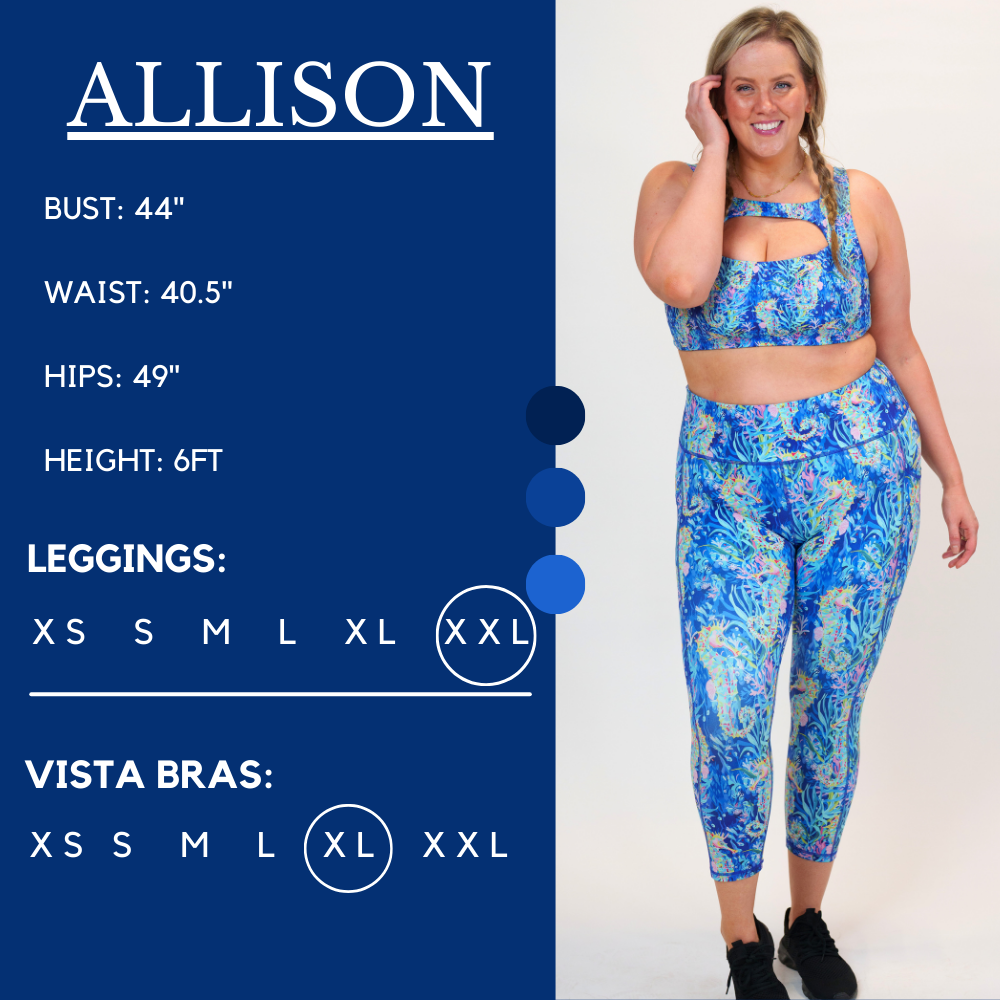 Model's measurements of 44 inch bust, 40.5 inch waist, 49 inch hips, and height of 6 foot. She is wearing a size xx-large in our leggings and a size xl in our vista bra