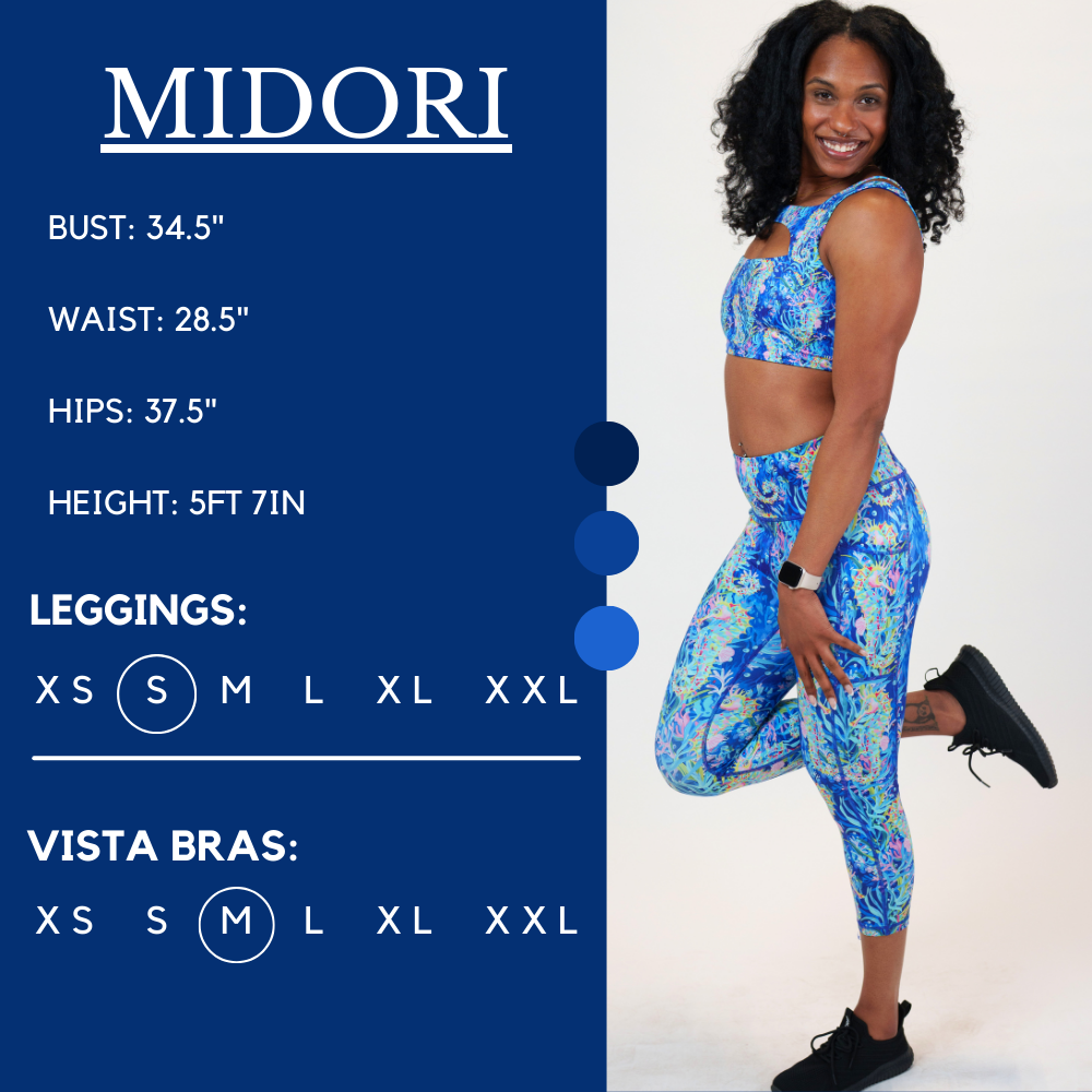Model’s measurements of 34.5” bust, 28.5” waist, 37.5” hips and height of 5 ft 7 inches. She is wearing a size small is our leggings and a size medium in our vista bra