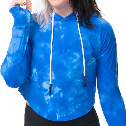 model wearing the blue and white tie dye cropped hoodie