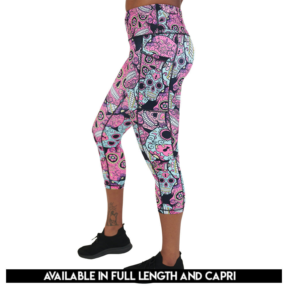 pink, blue & purple skull print leggings available in full and capri length