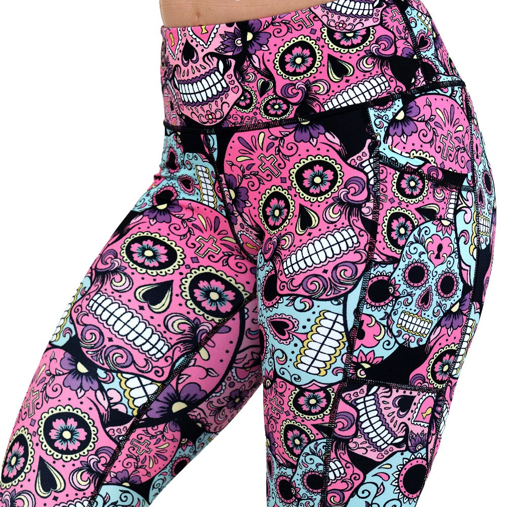 pink, blue & purple skull print leggings