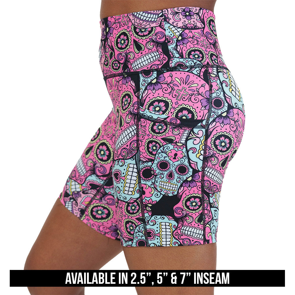 pink, blue & purple skull print shorts available in 2.5, 5 & 7 inch inseams