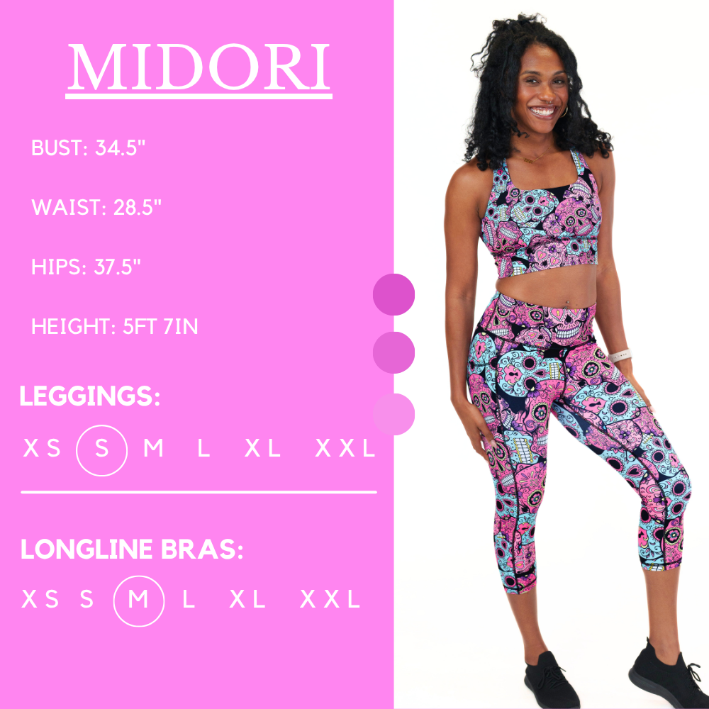 Model’s measurements of 34.5” bust, 28.5” waist, 37.5” hips and height of 5 ft 7 inches. She is wearing a size small in our leggings