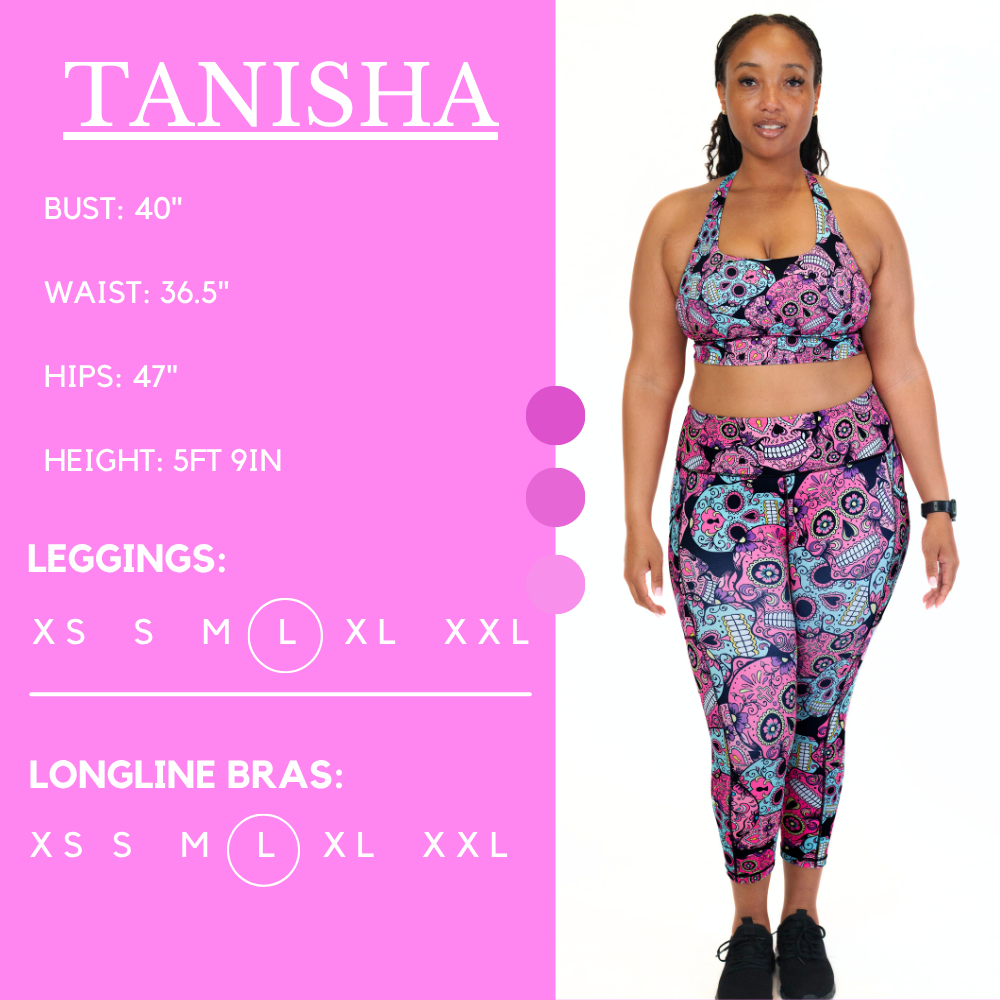 Graphic showing the measurements of a model and what size she wears for the dress. Her bust is 43 inches, waist is 41 inches, hips are 48 inches, and height is 5 foot and 9.5 inches. She wears a large in our leggings and sports bras