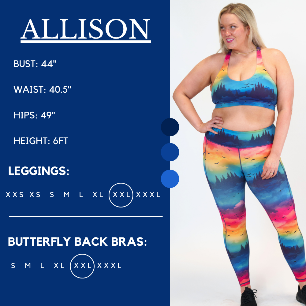 Model's measurements of 44 inch bust, 40.5 inch waist, 49 inch hips, and height of 6 foot. She is wearing a size xx-large in our leggings