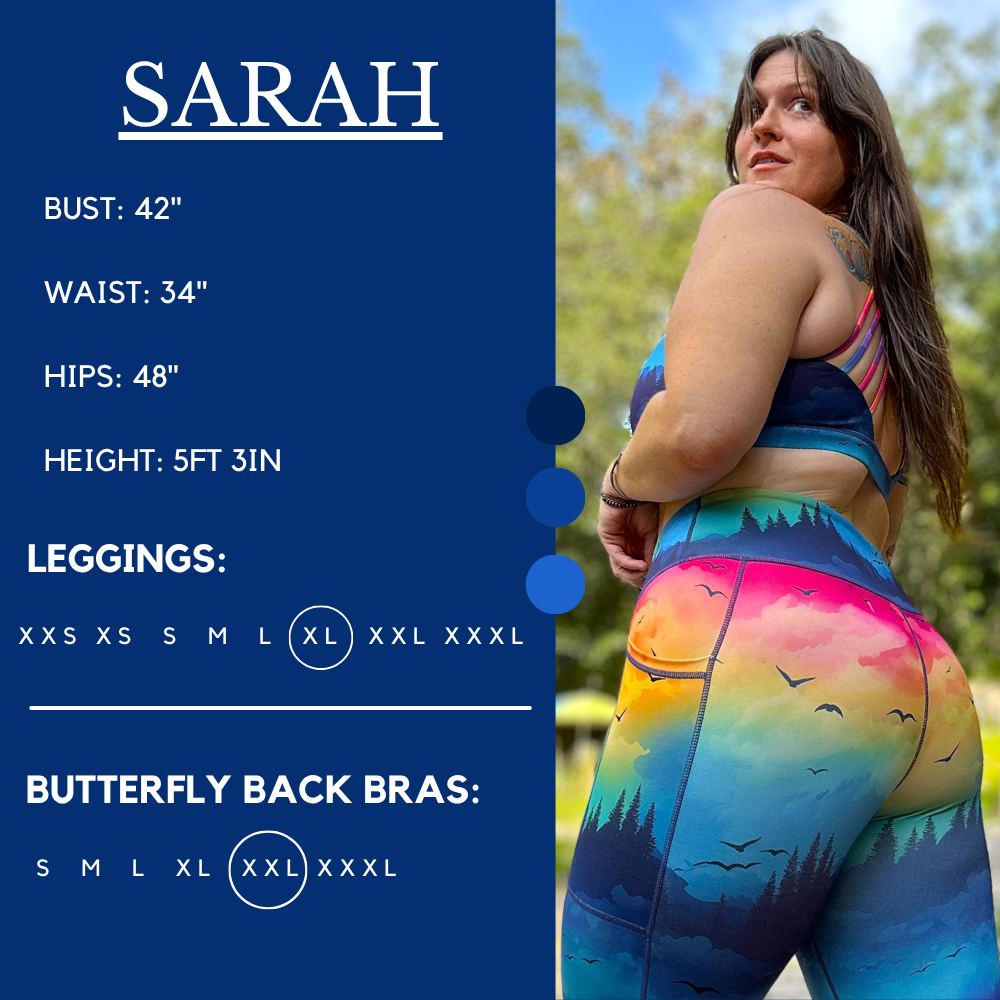 Model’s measurements of 46” bust, 38” waist, 51” hips and height of 5 ft 3 inches. She is wearing a size extra large in our leggings