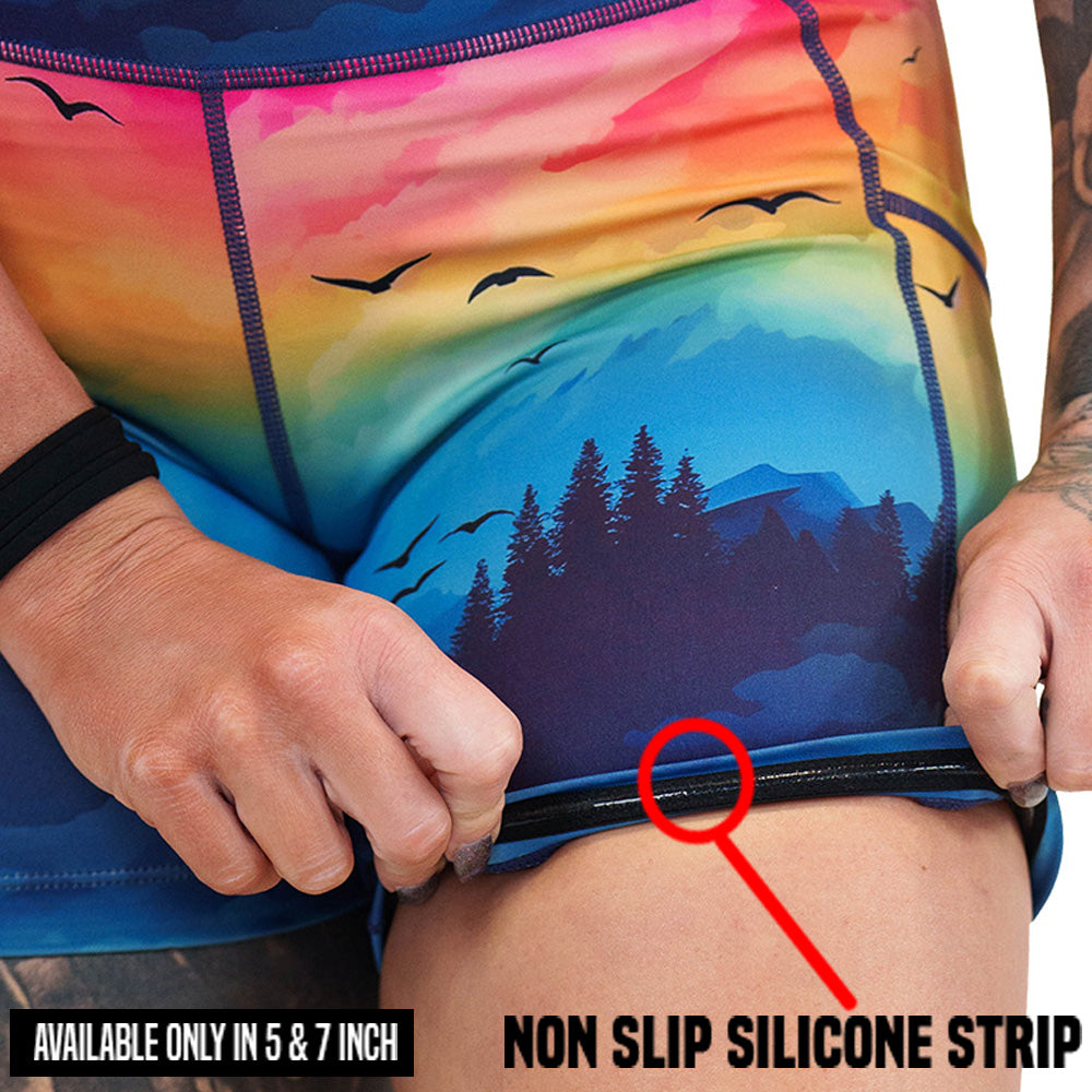 non slip strip on the colorful sunset patterned shorts