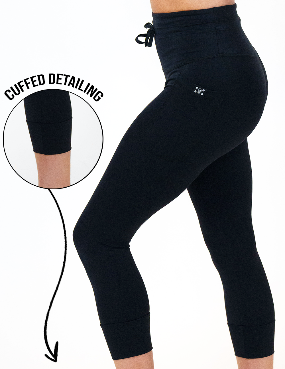 front of the omni black leggings with a highlight on the cuffed detailing