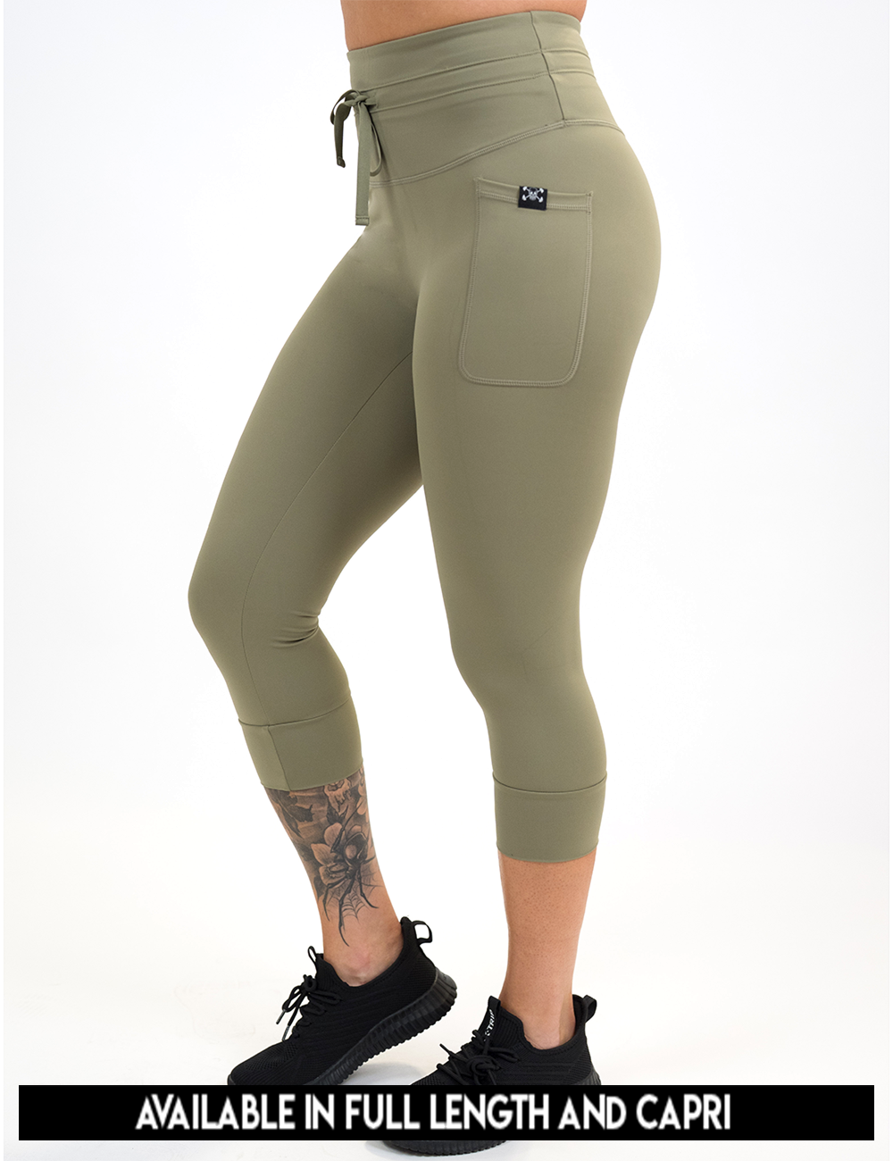 available lengths for the omni green drawstring leggings, lengths include full length and capri
