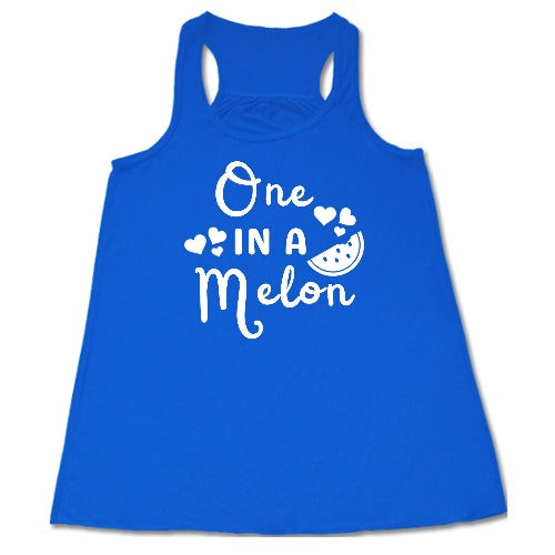 blue racerback tank top with the saying "one in a melon" on it