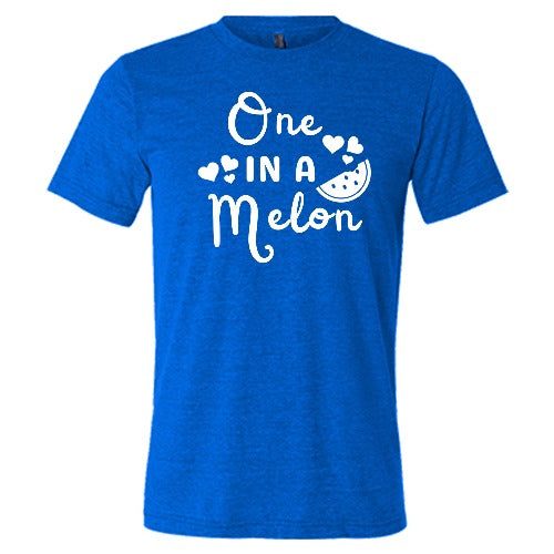 blue unisex shirt with the saying "one in a melon" on it