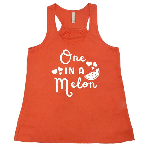 coral racerback tank top with the saying "one in a melon" on it
