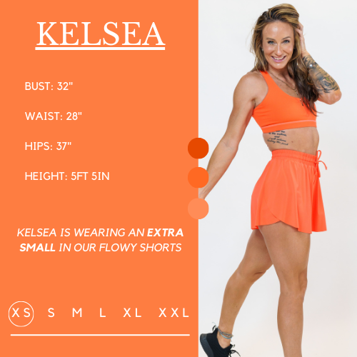 Model’s measurements of 32” bust, 28” waist, 37” hips and height of 5 ft 5 inches. She is wearing a extra small in the flowy shorts