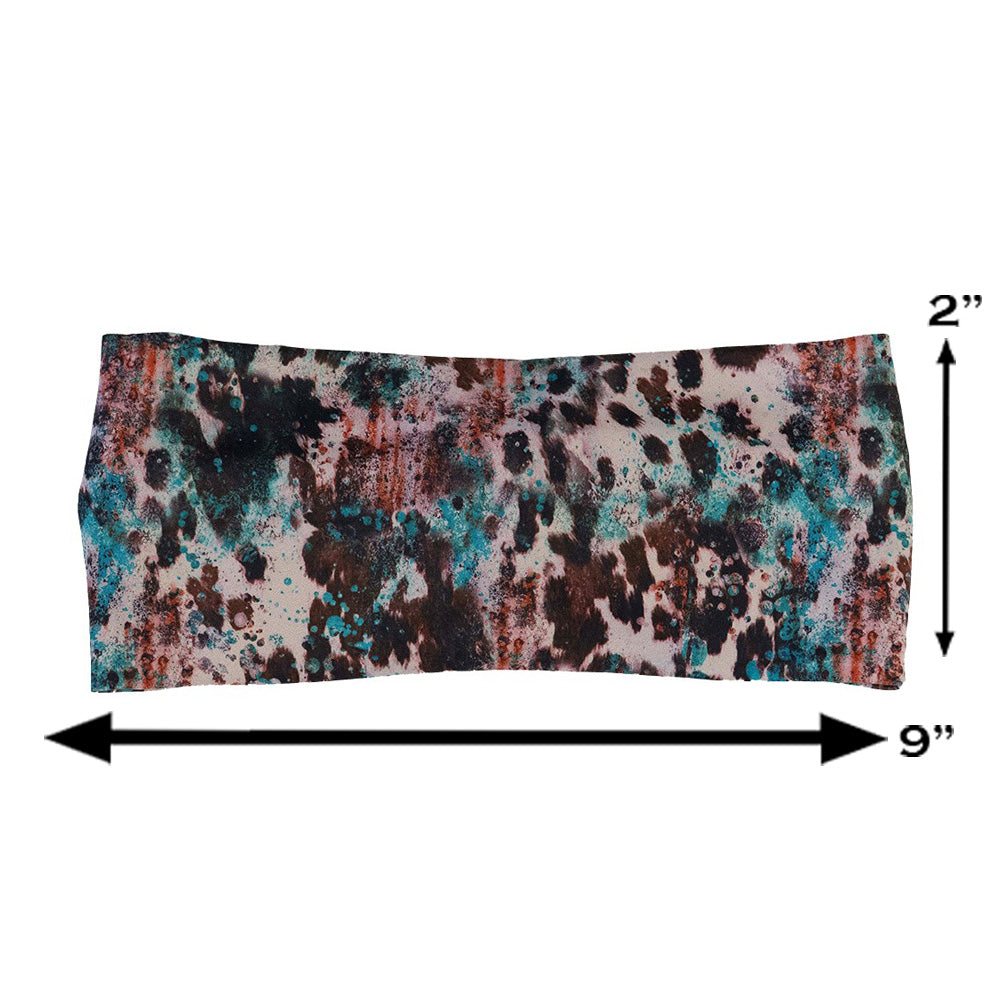leopard print with teal paint splatter headband measured at 2 by 9 inches