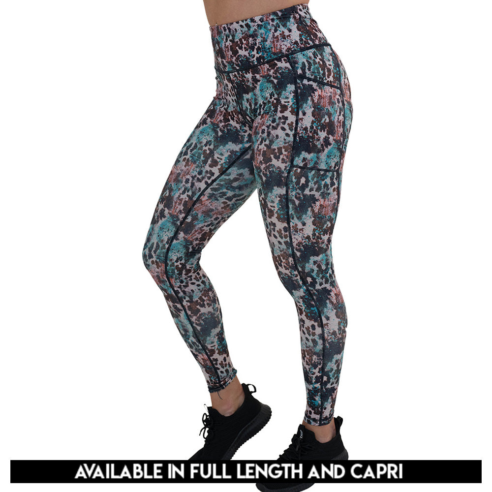 leopard print with teal paint splatter leggings available in full and capri length