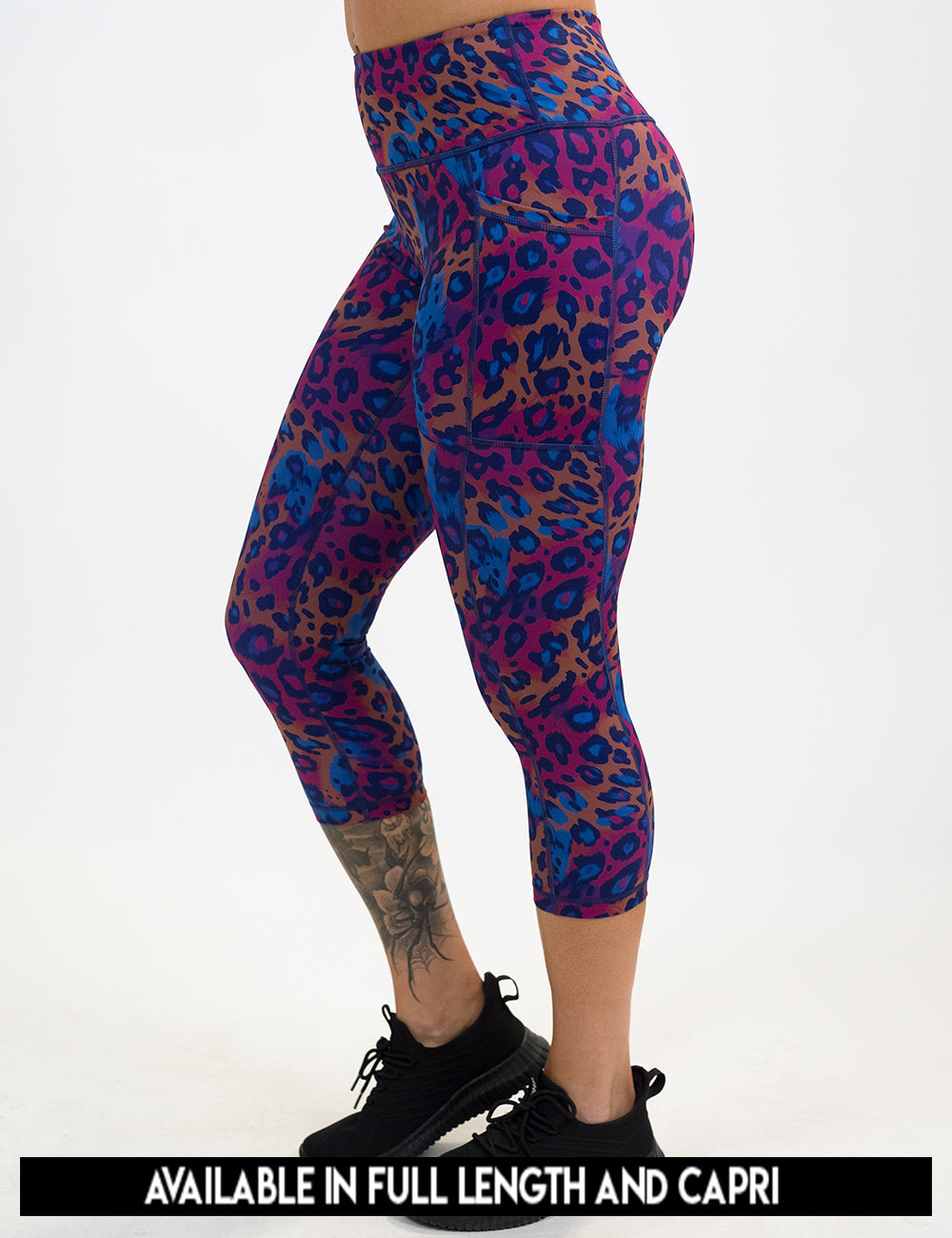 available lengths for the red, yellow, and blue cheetah print leggings against a white background, lengths include full length and capri