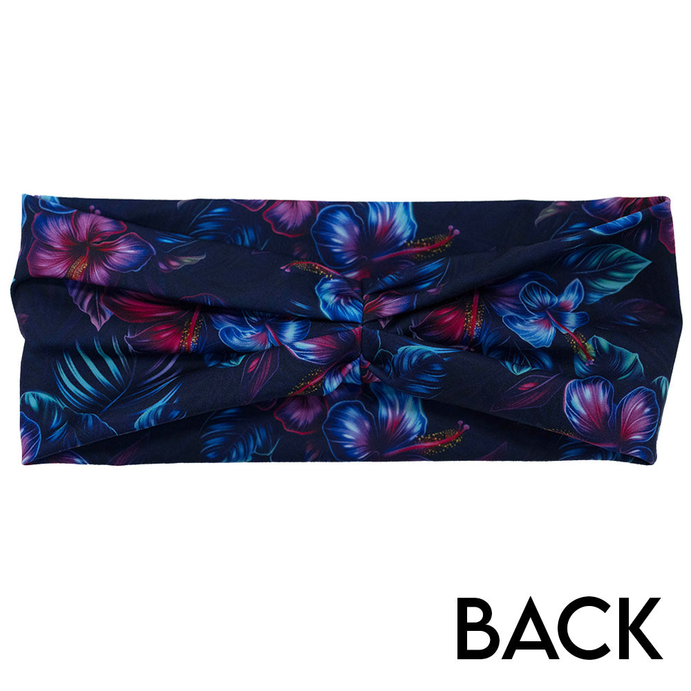 back of the blue and pink tropical flower patterned headband