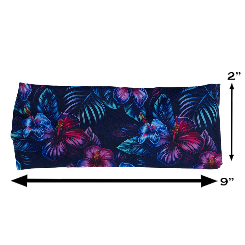 blue and pink tropical flower patterned headband measured at 2 by 9 inches