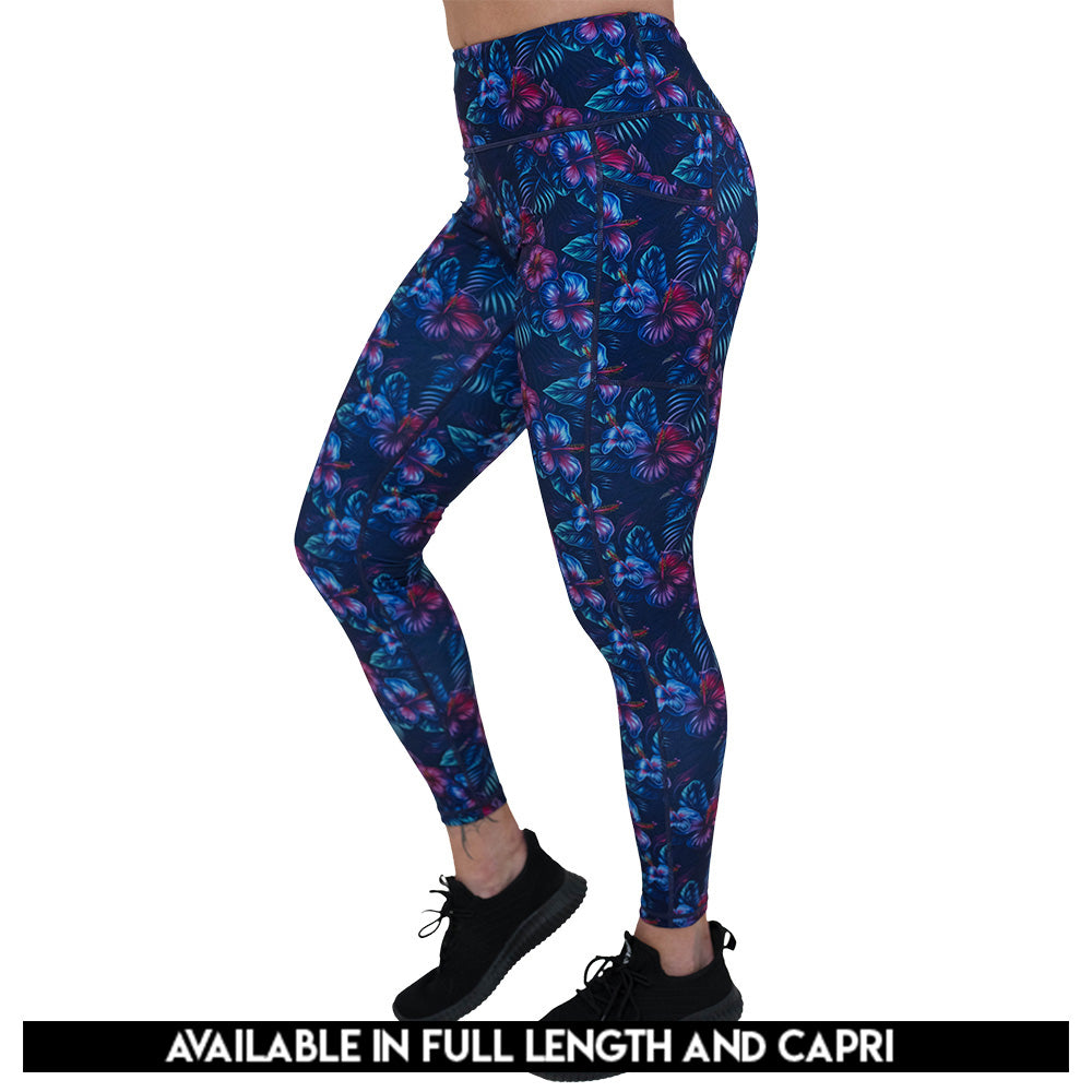blue and pink tropical flower patterned leggings available in full and capri length